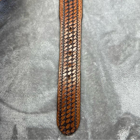 Western Brown Tooled Saddle Leather Belt With Brass Buckle Men's Size 50 - Picture 7 of 12